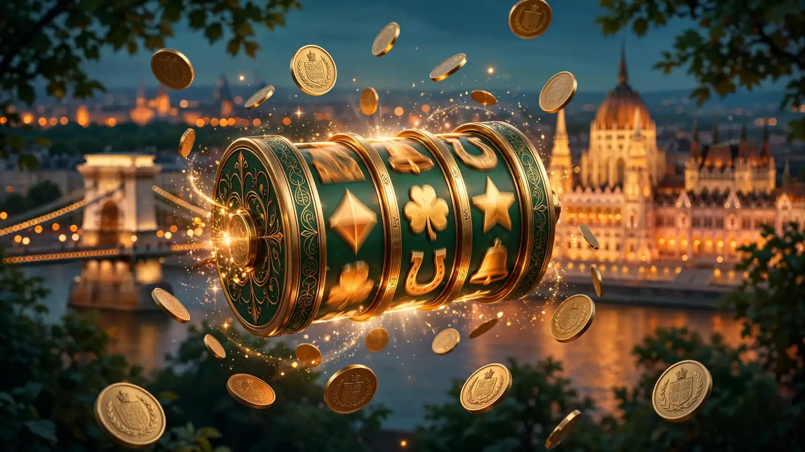 Stílusos nyerőgép tekercs és arany érmék Budapest esti látképe előtt