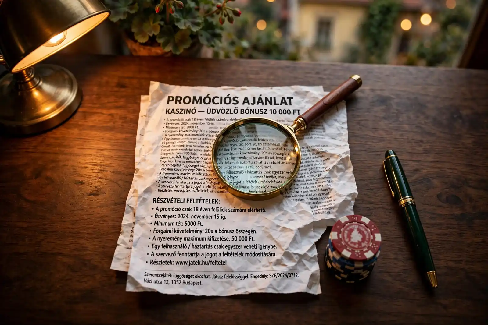 Nagyító vizsgálja egy bónuszreklám apró betűs feltételeit az íróasztalon
