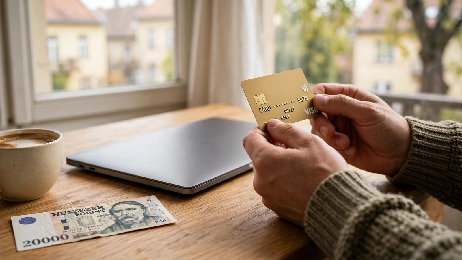 Kéz hitelkártyát tart egy laptop mellett, forint bankjegy és kávé az asztalon
