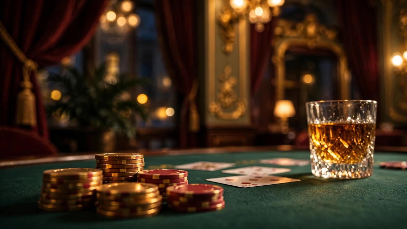 Elegáns baccarat asztal zsetonokkal és kártyákkal, budapesti kaszinó hangulat